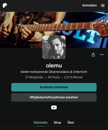 Unterstützen bei Patreon Profil von "olemu" mit Gitarren und Musik-Elementen im Hintergrund.