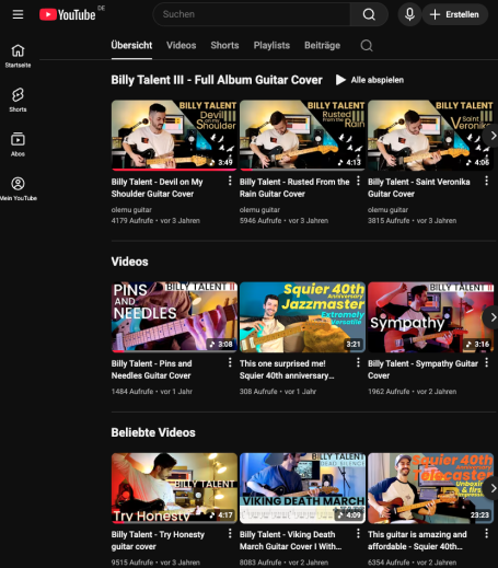Inspirieren lassen auf YouTube YouTube-Interface mit Musikvideos und einem Benutzer, der Gitarre spielt.
